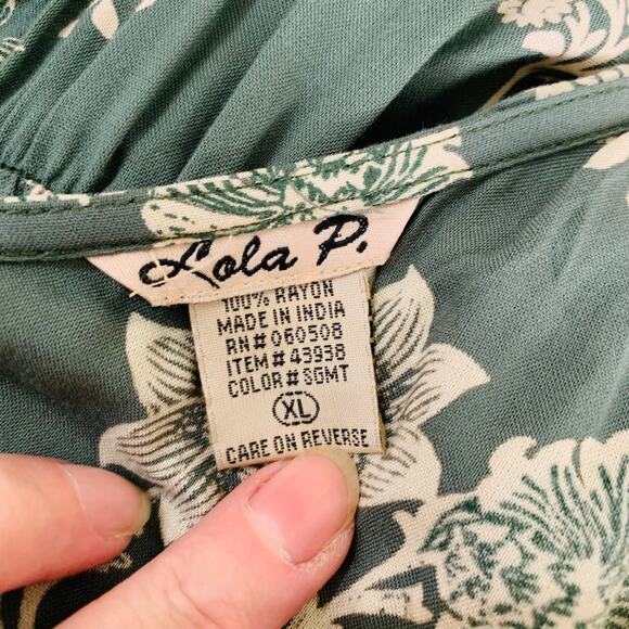 Vintage XL Floral Midi Dress Green Crochet Ruffle Flowy Hem Boho Lightweight - Picture 12 of 12